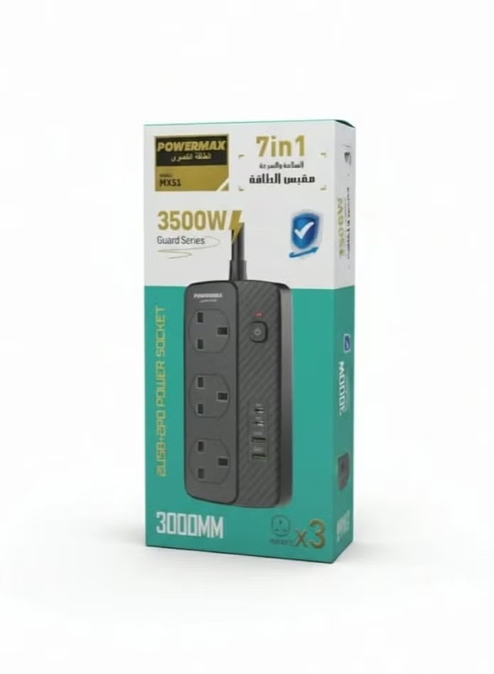 PowerMax 7-in-1 3500W Power Strip, 3 x Plug Protectors, 2 USB Ports, 2-Outlet Power Supply Station for Desktop, Ideal for All Electronic Devices, MX51 Power Strip - Image 4